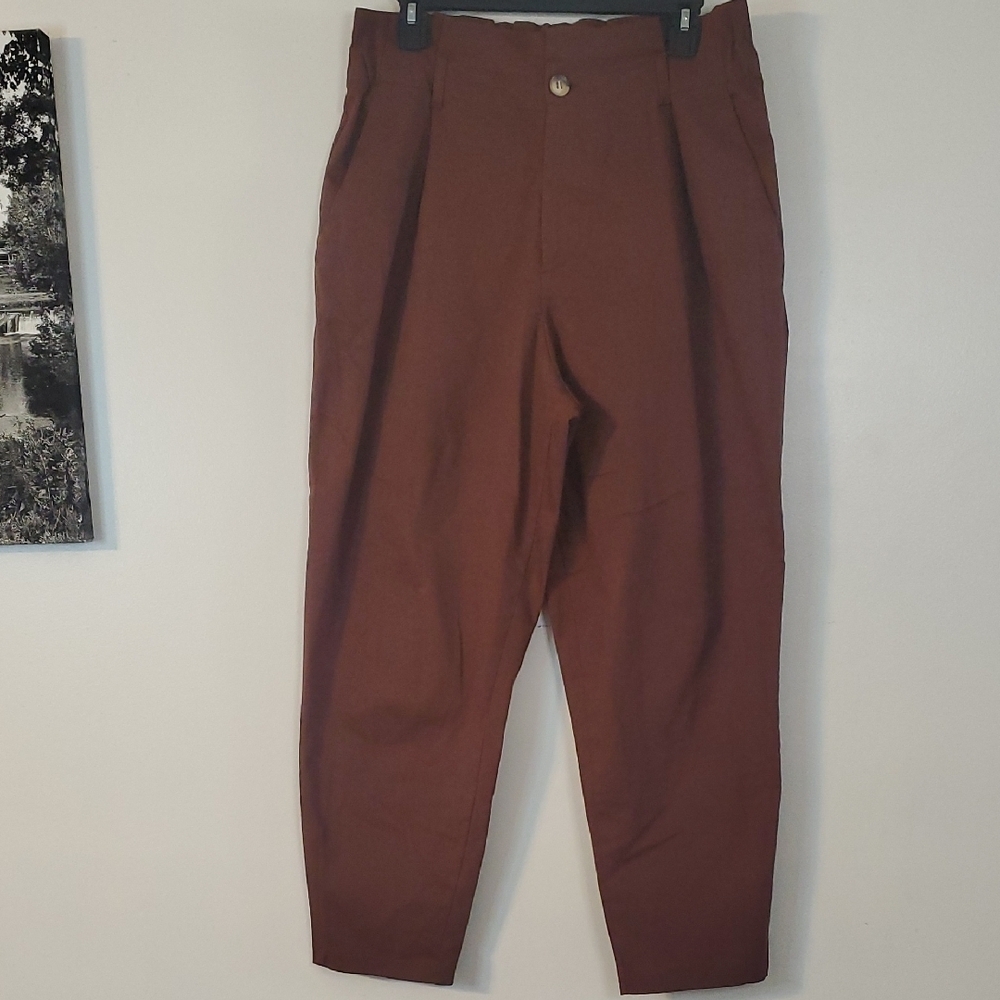 Zara Brown Paperbag Pleated Trouser Pants Size Lg Elastic Waist Highrise Womens